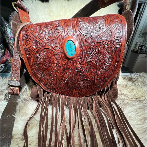 AMERICAN DARLING conceal carry crossbody bag hand tooled tourqoise stone RTL 495 - Picture 5 of 13